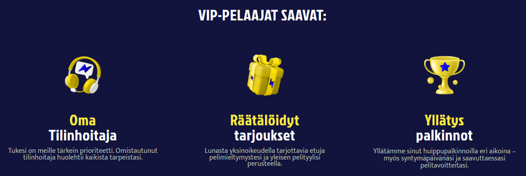 Quickz Casinon VIP-pelaajien edut: Oma tilinhoitaja, räätälöidyt tarjoukset ja yllätyspalkkinot.