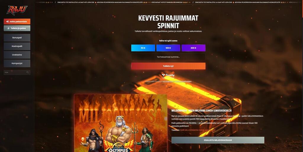 Raju Casinon etusivu, jossa näkyvät talletusvaihtoehdot 50€, 100€ ja 200€, punainen “Talleta nyt” -painike, Trustly-logo sekä kampanjabanneri Miljoonakisasta Rise of Olympus Extreme -pelillä