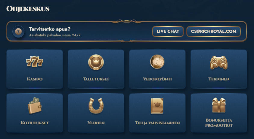 Rich Royal Casinon ohjekeskus, jossa on yhteydenottopainikkeet live-chattiin ja sähköpostitse, sekä valikko eri aiheille kuten kasino, talletukset ja vedonlyönti.