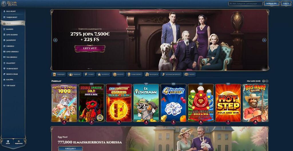 Rich Royal Casinon etusivun yleisnäkymä, jossa näkyy tervetuliaispaketti 275% bonus 7 500€ asti, suosituimpia kolikkopelejä sekä sivupalkin navigointivalikko.