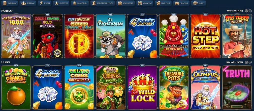Valikoima Rich Royal Casinon parhaita ja uusia kolikkopelejä, kuten Gates of Olympus 1000 ja Big Bass Splash.