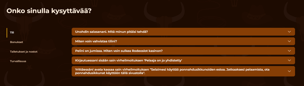 Rodeoslot Casinon ohjekeskus ja usein kysytyt kysymykset (FAQ) tiliin, bonuksiin ja maksuihin liittyen.