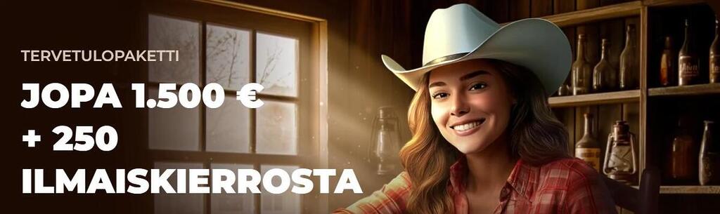 Rodeoslot Casinon tervetuliaisbonus: jopa 1 500 € bonus ja 250 ilmaiskierrosta. Kuvituskuvassa on hymyilevä nainen cowgirl-hattu päässään.