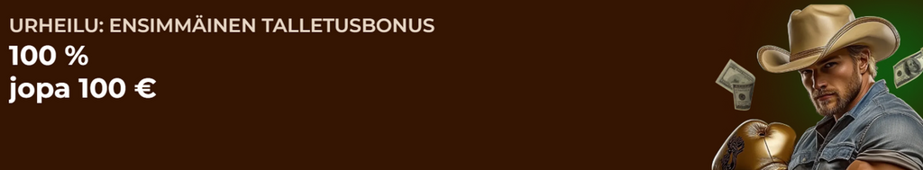 Rodeoslot urheiluvedonlyönnin ensitalletusbonus: 100 % bonus jopa 100 € asti. Kuvassa on nyrkkeilyhanskoja käyttävä mies ja lentäviä seteleitä.