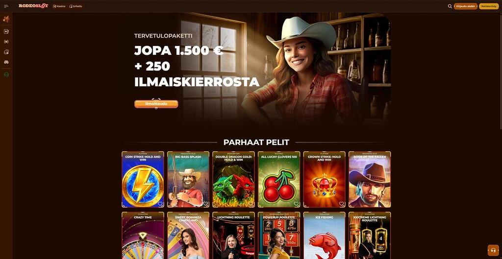 Rodeoslot Casinon etusivu, jossa näkyy tervetuliaistarjous ja valikoima suosittuja kolikkopelejä sekä live-kasinopelejä.