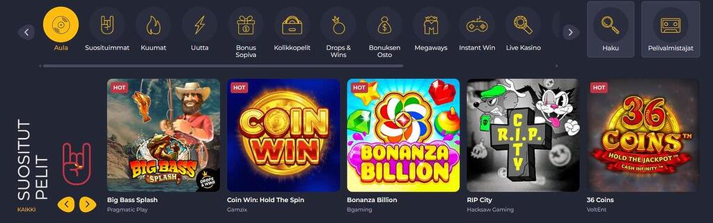 Rolling Slots Casinon peliaula. Yläpalkissa on kategorioita, kuten kolikkopelit, Drops & Wins ja Live Kasino. Suosituissa peleissä näkyvät muun muassa Big Bass Splash ja Bonanza Billion.