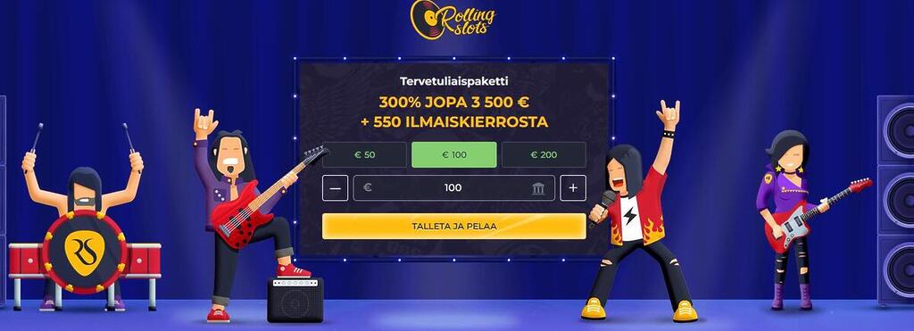 Rolling Slotsin tervetuliaispaketti: 300 % bonus 3 500 € asti ja 550 ilmaiskierrosta. Kuvassa on rock-teemaisia hahmoja soittamassa bändissä lavalla.