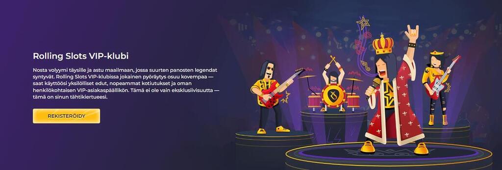 Rolling Slots VIP-klubin esittely. Tekstissä luvataan yksilöllisiä etuja, nopeampia kotiutuksia ja VIP-asiakaspäällikkö. Kuvituksessa rock-bändi esiintyy konserttilavalla.