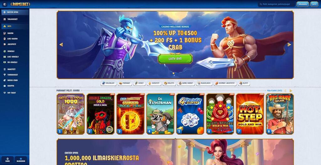 Romibet Casinon etusivu, jossa näkyy tervetuliaisbonus 100 % 500 € asti, 200 ilmaiskierrosta ja Bonus Crab. Sivun alalaidassa näkyy suosittuja pelejä kuten Gates of Olympus 1000 ja Big Bass Splash.