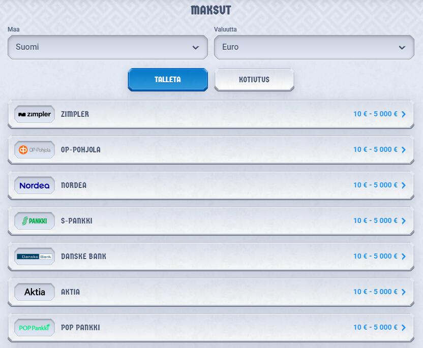 Romibet Casinon maksusivu, jossa näkyy suomalaisille suunnattuja talletustapoja, kuten Zimpler, OP-Pohjola, Nordea, S-Pankki, Danske Bank, Aktia ja POP Pankki. Minimitalletus on 10 €.