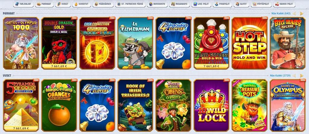 Romibet Casinon peliaula, jossa on kategorioita kuten Parhaat ja Uudet pelit. Esillä on suosittuja kolikkopelejä, kuten Wanted Dead or a Wild ja useita "Hold & Win" -mekaniikan pelejä.