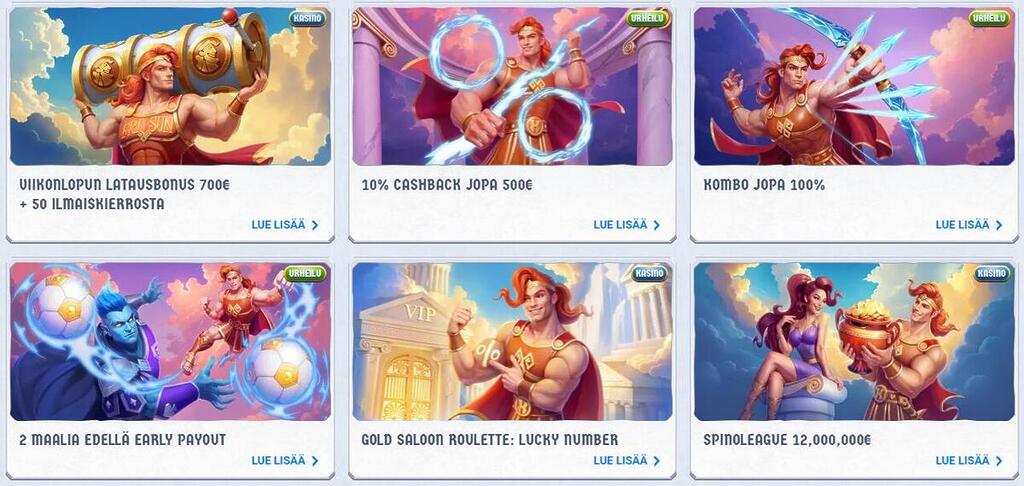 Romibet Casinon kampanjasivu, jossa näkyy useita tarjouksia: viikonlopun latausbonus 700 € + 50 ilmaiskierrosta, 10 % cashback 500 € asti sekä vedonlyönnin kombo-boosteja ja Early Payout -etuja.