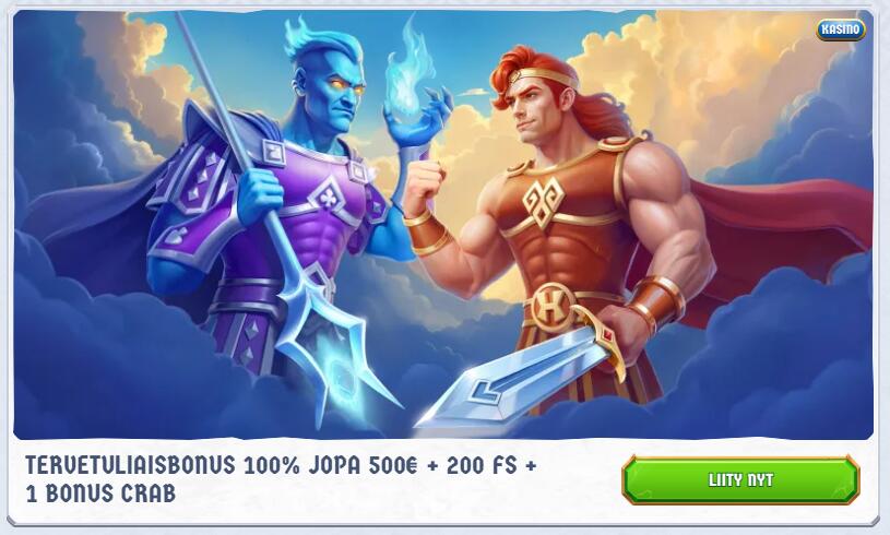 Romibet Casinon tervetuliaisbonusbanneri, jossa kaksi pelihahmoa mainostaa 100 % bonusta 500 € asti, 200 ilmaiskierrosta ja yhtä Bonus Crabia.
