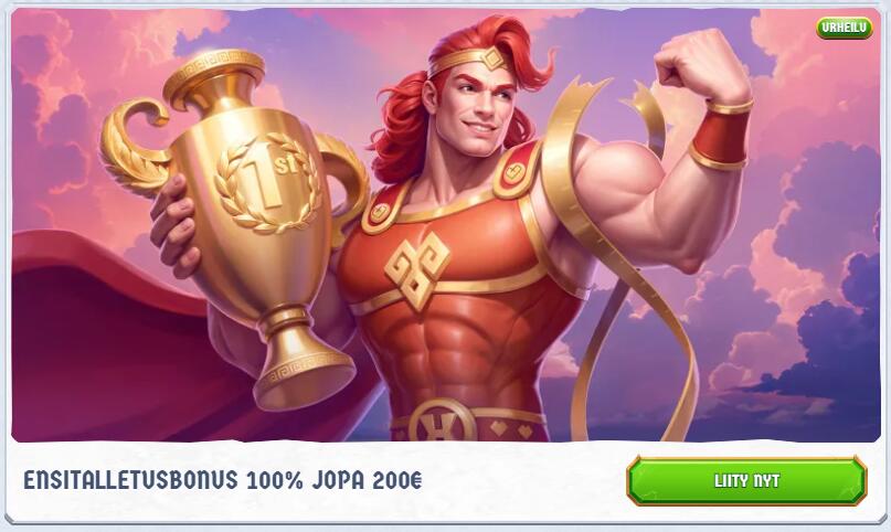 Romibet Sportin tervetuliaisbonusbanneri, jossa lihaksikas hahmo pitelee voittopokaalia. Tarjolla on ensitalletusbonus 100 % jopa 200 € asti vedonlyöntiin.