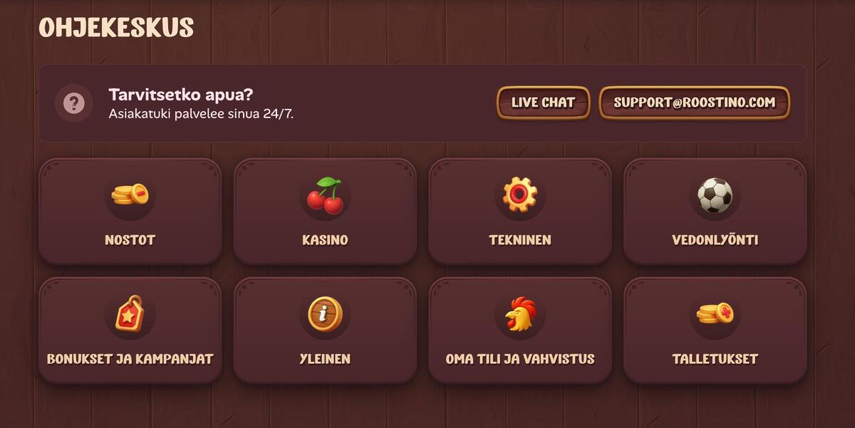 Roostino kasinon ohjekeskus, jossa asiakastuki, live chat ja eri tukikategoriat kuten kasino, vedonlyönti ja talletukset