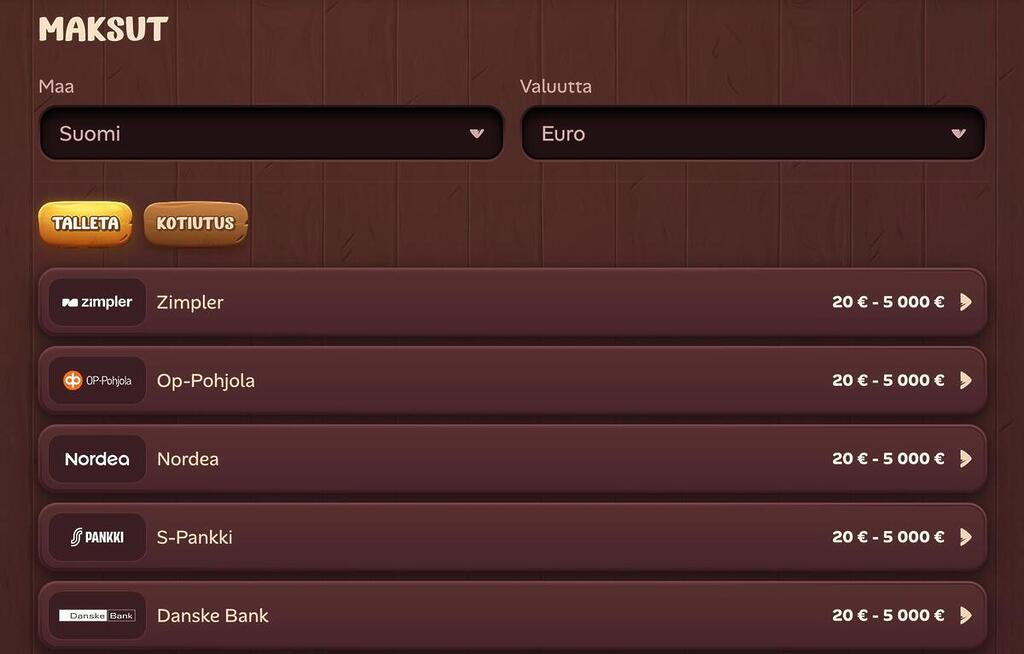 Roostino kasinon maksusivu, jossa näkyvät talletus- ja kotiutusvaihtoehdot suomalaisille pankeille sekä Zimpler