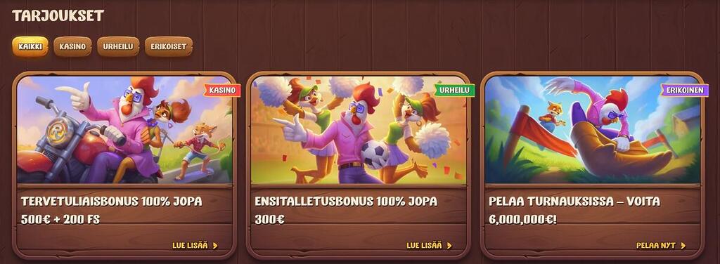Roostino kasinon tarjoukset-sivu, jossa tervetuliaisbonus, urheiluvedonlyönnin bonus ja erikoiskampanjat