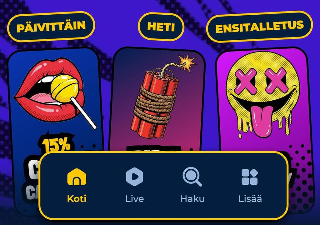 Shokker Casinon mobiilivalikko ja kampanjakuvakkeita, kuten päivittäinen cashback ja ensitalletusbonus.