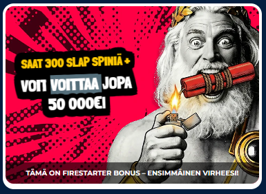 Shokker Casinon Firestarter Bonus -mainos, jossa luvataan 300 Slap Spiniä ja mahdollisuus voittaa jopa 50000€.