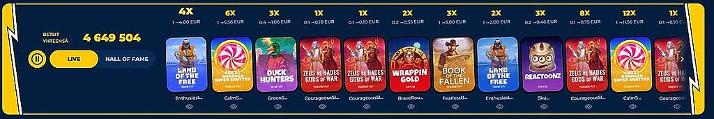 Shokker Casinon live-voittoseinä, jossa näkyy viimeisimpiä voittoja eri kolikkopeleistä.
