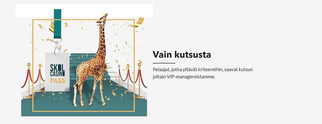 Skol Casinon vain kutsusta toimiva VIP-ohjelman esittelysivu, jossa kuvituksena kirahvi ja VIP-passi kultaisilla kehyksillä.