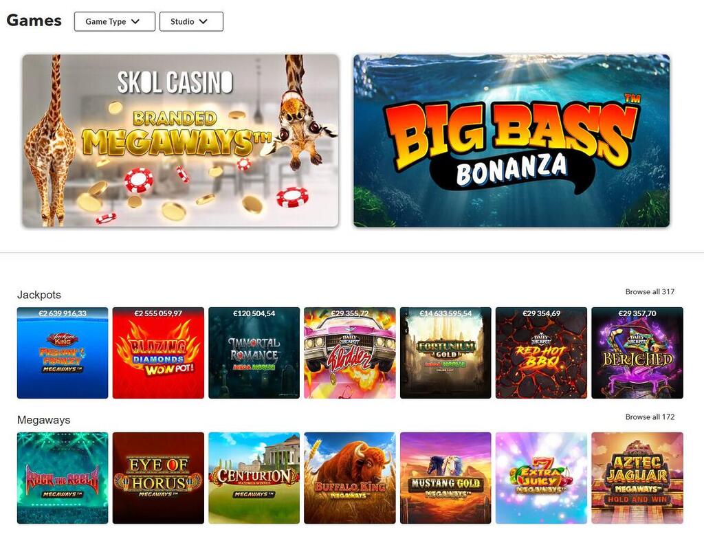 Skol Casino game lobby displaying popular slots like Big Bass Bonanza along with dedicated categories for Jackpot and Megaways games.