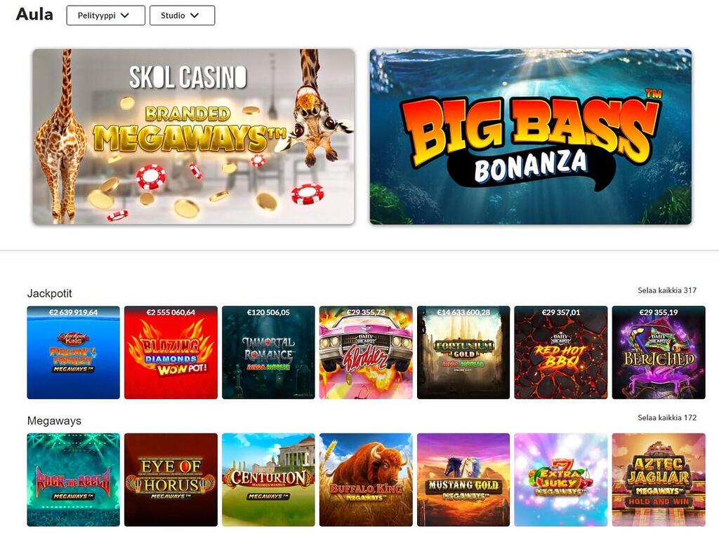 Skol Casinon peliaula, jossa näkyvät suosikit kuten Big Bass Bonanza sekä omia kategoriaosioita jackpot- ja Megaways-peleille.