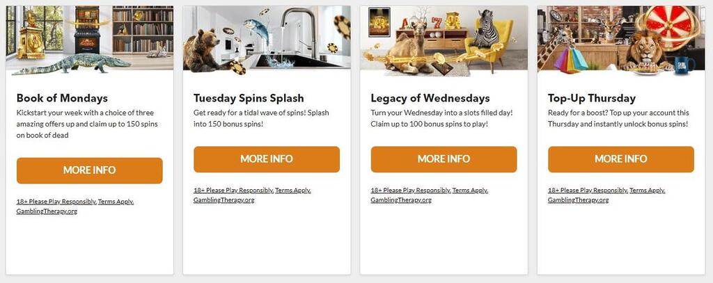 Skol Casino promotions section showcasing weekly offers with daily bonus spins from Monday through Thursday.