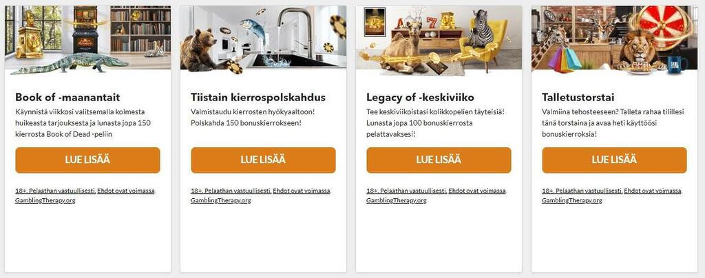 Skol Casinon viikoittaiset kampanjat esittelevä osio, jossa tarjotaan bonuskierroksia maanantaista torstaihin vaihtuvilla teemoilla.