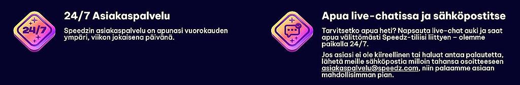 Speedz-kasinon asiakaspalveluosio, jossa kerrotaan 24/7 live-chatista ja sähköpostituen saatavuudesta ympäri vuorokauden