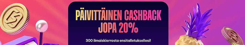 Speedz-kasinon tervetuliaistarjous, jossa mainostetaan päivittäistä cashbackia jopa 20 prosenttiin asti sekä 300 ilmaiskierrosta ensitalletukselle