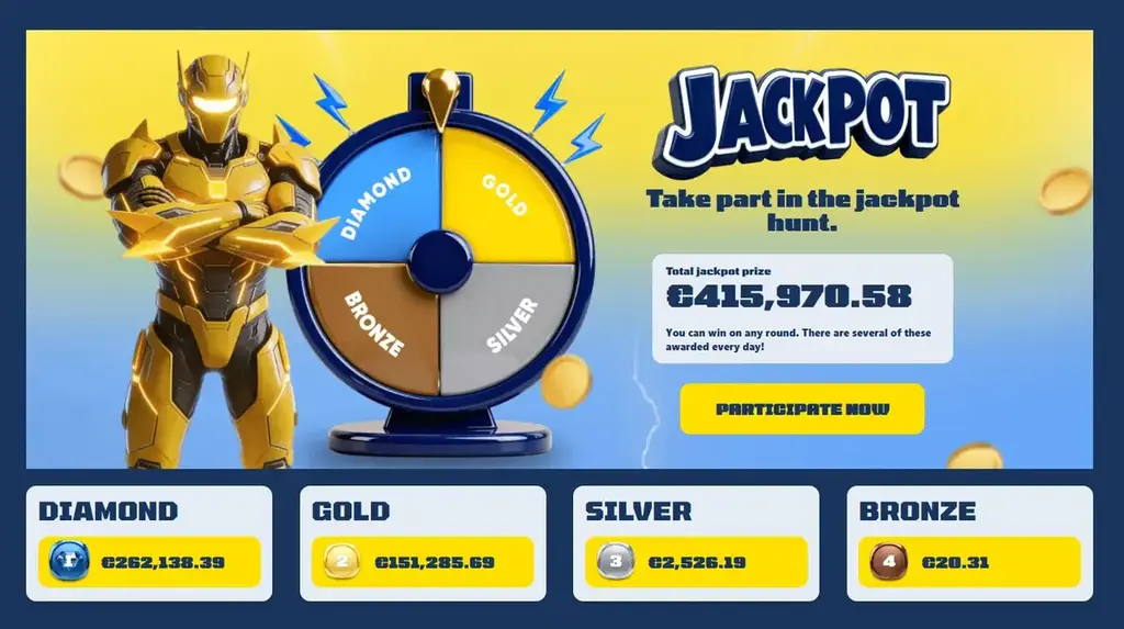 Spiidi Casino jackpot wheel with Diamond, Gold, Silver and Bronze tiers and total prize pool