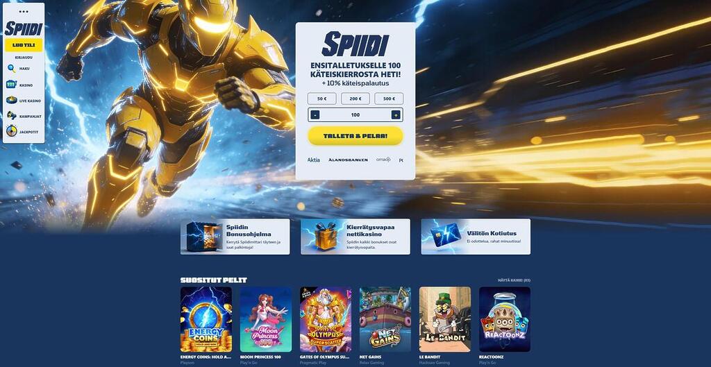 Spiidi Casinon vauhdikas etusivu, jossa robottiasuun pukeutunut hahmo juoksee. Sivustolla mainostetaan 100 käteiskierrosta ensitalletukselle sekä 10 % käteispalautusta. Esillä on myös suosittuja pelejä, kuten Moon Princess 100 ja Gates of Olympus.