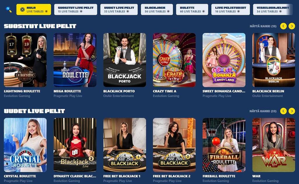 Spiidi Casinon live-kasino-osio, joka näyttää eri pelikategorioita, kuten blackjack, ruletti ja visailuohjelmat. Kuvassa näkyy suosittuja live-pelejä, kuten Lightning Roulette ja Crazy Time.