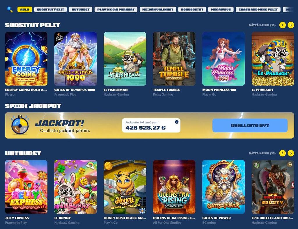Spiidi Casinon peliaula, jossa on kategorioita kuten suosittelemme, uutuudet ja jackpot-pelit. Sivuston oma jackpot-potti on kuvassa yli 426 000 euroa.