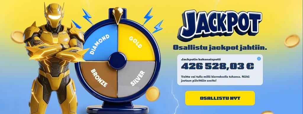 Spiidi Casinon jackpot-kampanjaa esittelevä kuva. Kuvassa on onnenpyörä, jossa on tasot Diamond, Gold, Silver ja Bronze, sekä robottihahmo ja tieto yli 426 000 euron kokonaispotista.