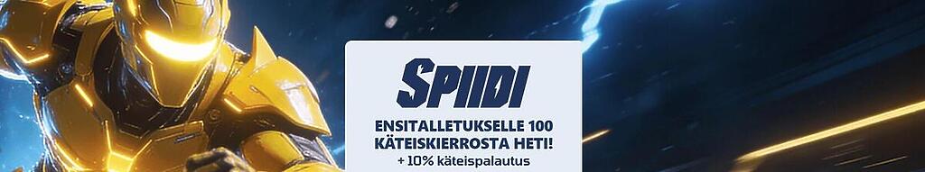 Spiidi Casinon tervetuliaisbanneri, jossa luvataan 100 käteiskierrosta heti ensitalletukselle ja 10 % käteispalautus. Taustalla näkyy robottiasuinen hahmo vauhdikkaassa liikkeessä.