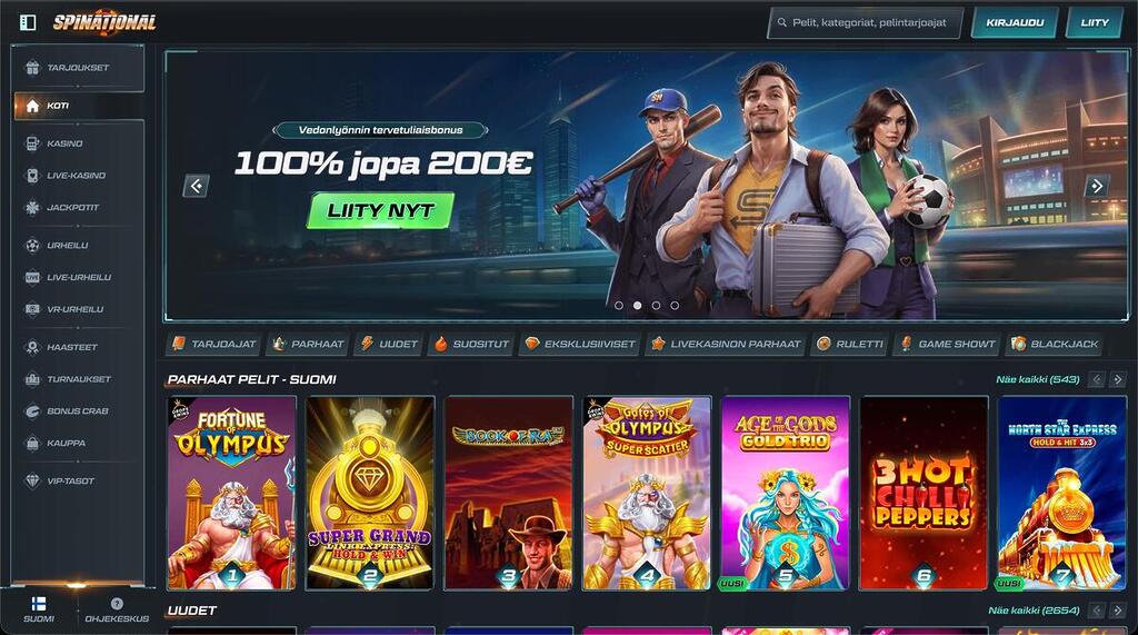 Spinational Casino etusivu tummalla teemalla ja vedonlyönnin 100% jopa 200€ tervetuliaisbonus -bannerilla