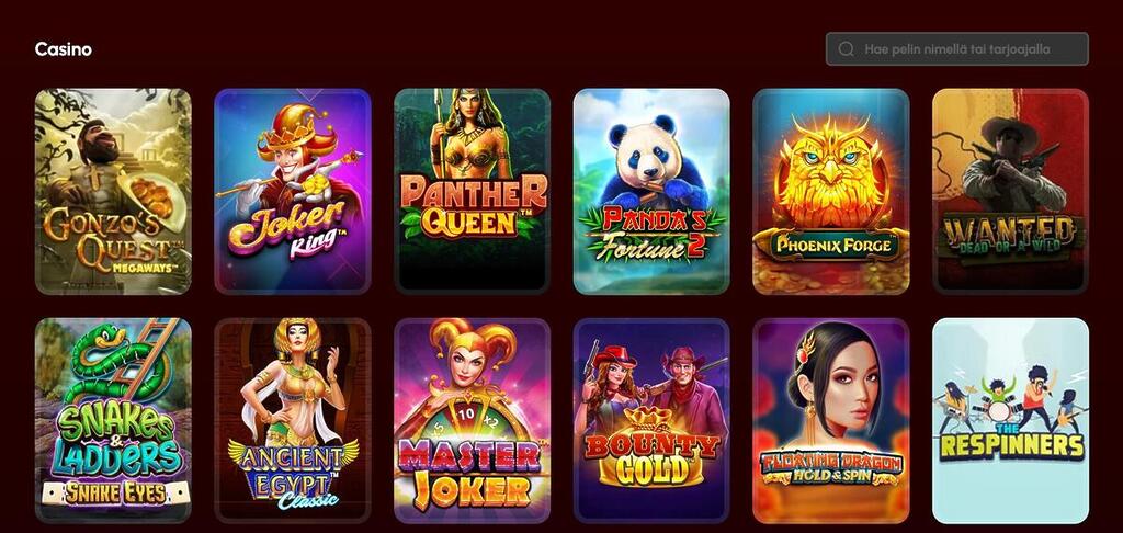 SpinGrande Casinon peliaula, jossa näkyy suosittuja kolikkopelejä kuten Gonzo's Quest Megaways ja Wanted Dead or a Wild.