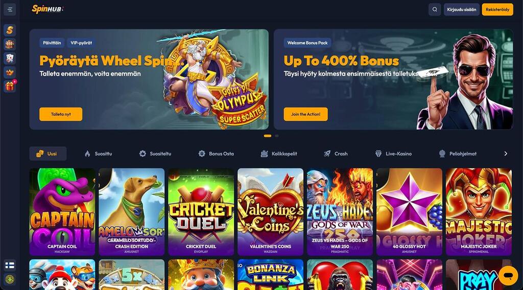 Spinhub-kasino etusivu, jossa näkyy Wheel Spin -kampanja, tervetuliaisbonukset ja suosituimmat kolikkopelit tummalla käyttöliittymällä