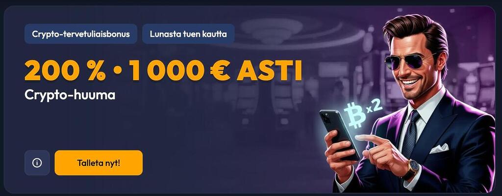 Spinhub-kasinon crypto-tervetuliaisbonus, jossa tarjotaan 200% bonus jopa 1000€ asti kryptotalletuksille