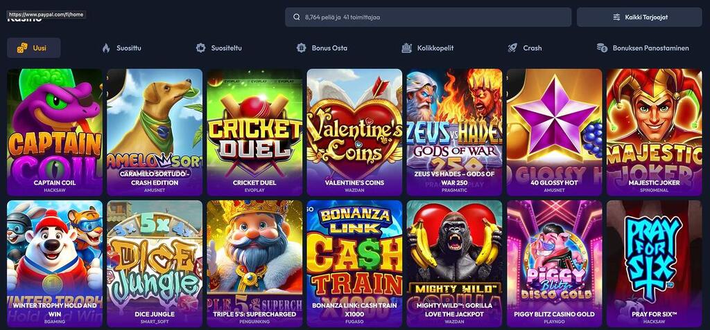 Spinhub-kasinon pelivalikoima, jossa esillä suosittuja kolikkopelejä kuten Captain Coil, Cricket Duel ja Zeus vs Hades
