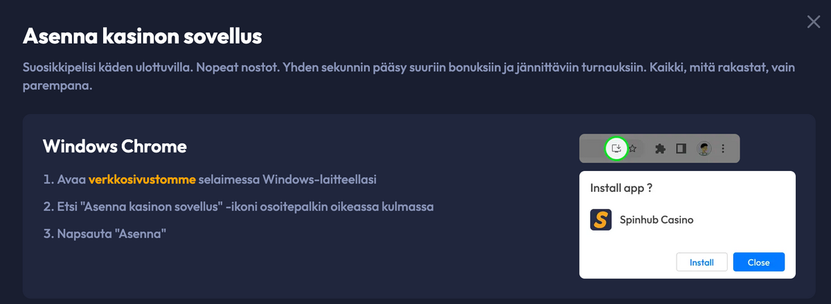 Spinhub-kasinon sovelluksen asennusohje Windows Chromelle, jossa näytetään miten kasino asennetaan työpöytäsovelluksena