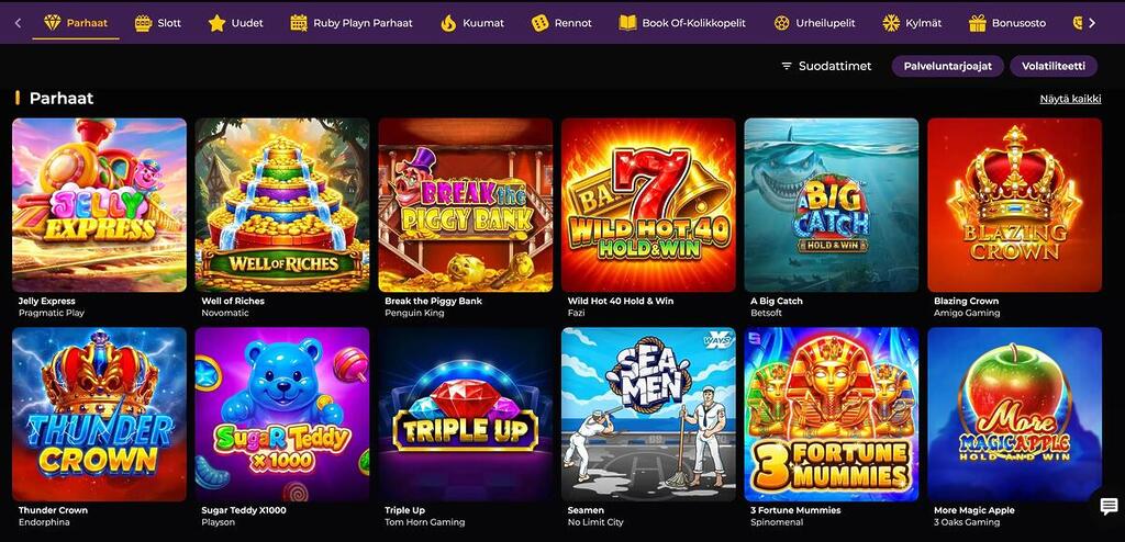 Spinimax Casinon peliaulan Parhaat-osio, jossa näkyvät suosittujen kolikkopelien kuvakkeet ja suodattimet eri pelikategorioille.