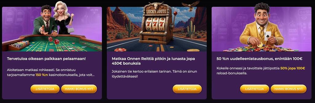 Spinimax Casinon kampanjasivu, jossa esitellään 150% kasinobonus, Onnen Reitti -kampanja sekä 50% uudelleenlatausbonus 100€ asti.