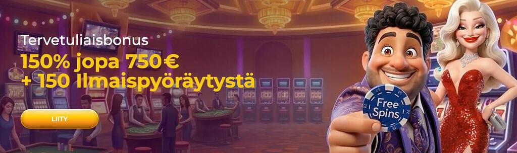 Spinimax Casinon tervetuliaisbonusbanneri, jossa mainostetaan 150% bonusta jopa 750€ asti sekä 150 ilmaiskierrosta.