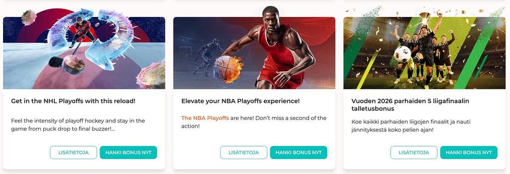 Vedonlyönnin kampanjabannereita NHL- ja NBA-pudotuspeleihin sekä vuoden 2026 liigafinaaleihin.