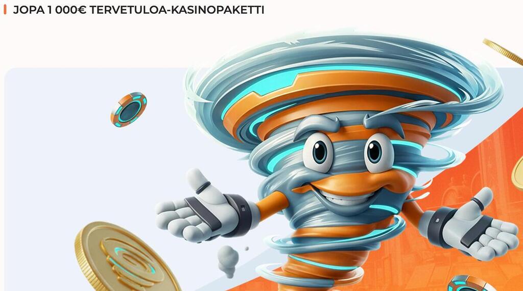 Spininio-kasinon tervetuliaisbonus-banneri, jossa mainostetaan jopa 1000€ tervetuliais-kasinopakettia tornado-hahmon kera.