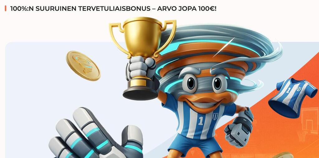 Spininio-vedonlyönnin tervetuliaisbonus-banneri, joka mainostaa 100% bonusta 100€ asti pokaalia pitelevän tornado-hahmon avulla.