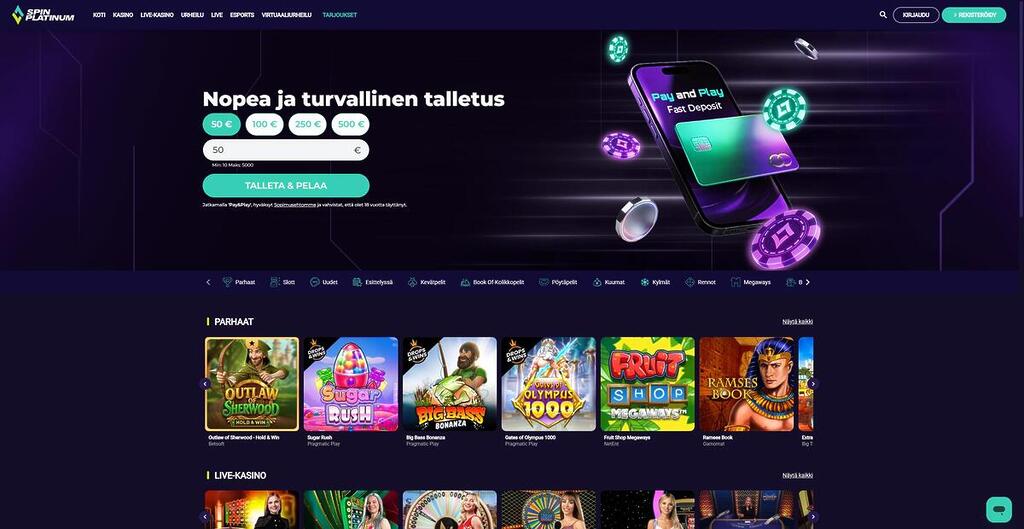 Spin Platinum Casinon etusivu, jossa on "Pay and Play" -talletusmahdollisuus, suosituimpia kolikkopelejä kuten Sugar Rush ja Big Bass Bonanza sekä live-kasinopelejä.